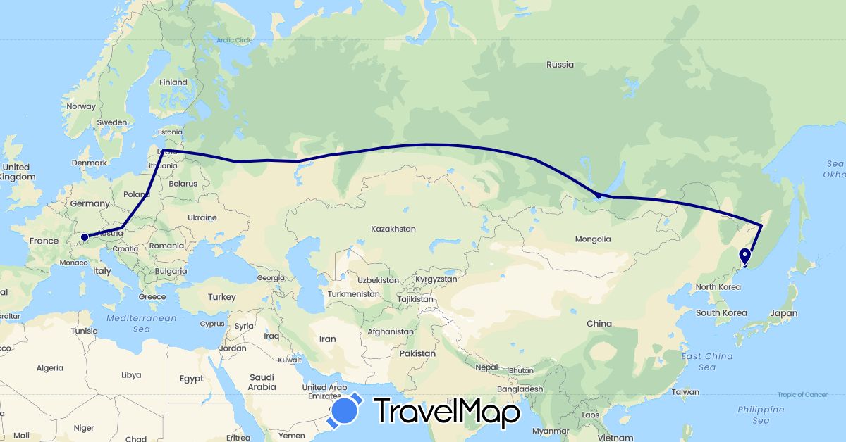TravelMap itinerary: driving in Austria, Switzerland, Latvia, Poland, Russia (Europe)
